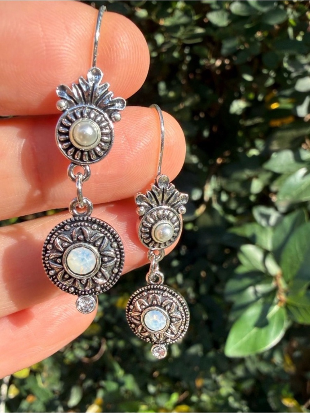 Vintage Silver-Tone Dangle Earrings with White Accent - Picture 3 of 5